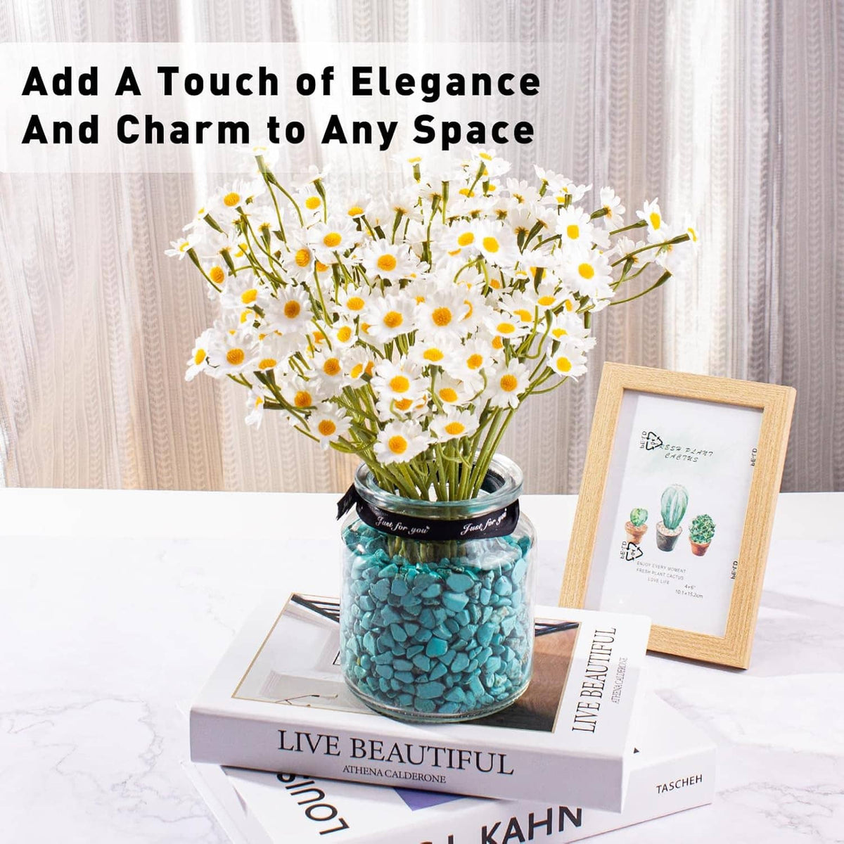 Turquoise howlite crystal chips in a glass jar centerpiece with white daisy flowers