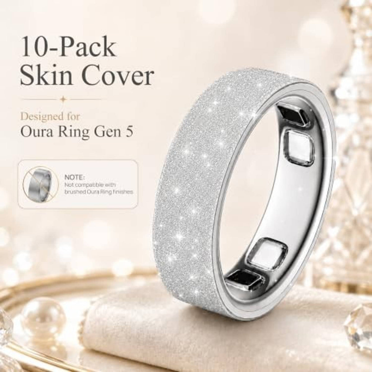 Ultra-thin bling silver ring skin cover for Oura Ring Gen 5, size 10, sparkle band