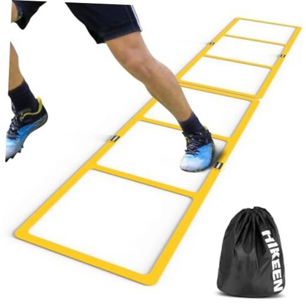 Yellow agility ladder with square training gaps and flat rubber rungs, with black bag