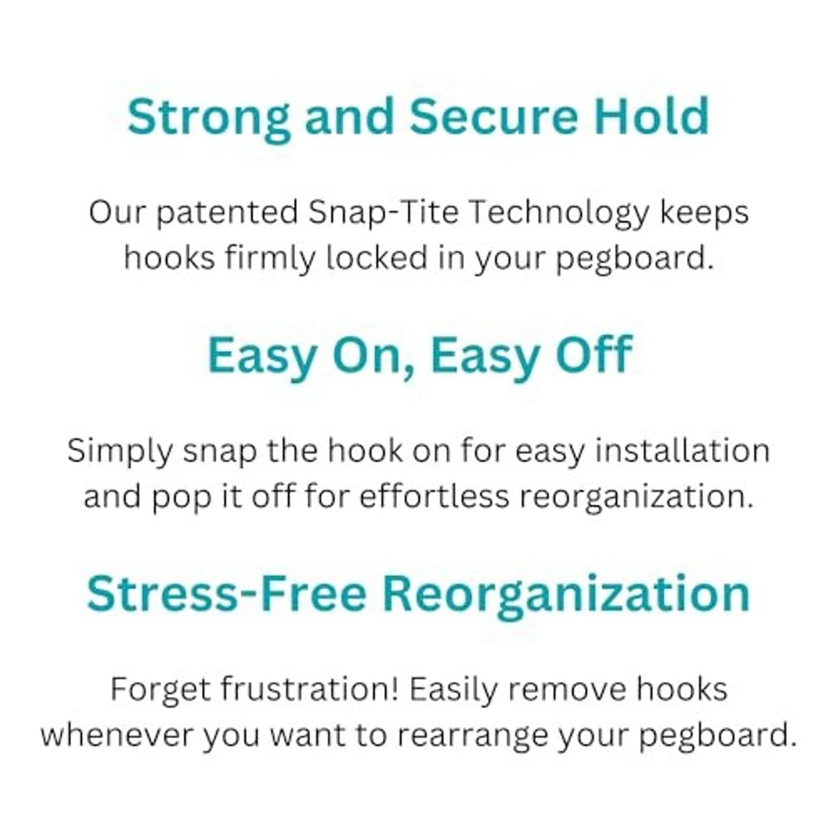 Snap-on pegboard hook marketing graphic for strong, secure hold