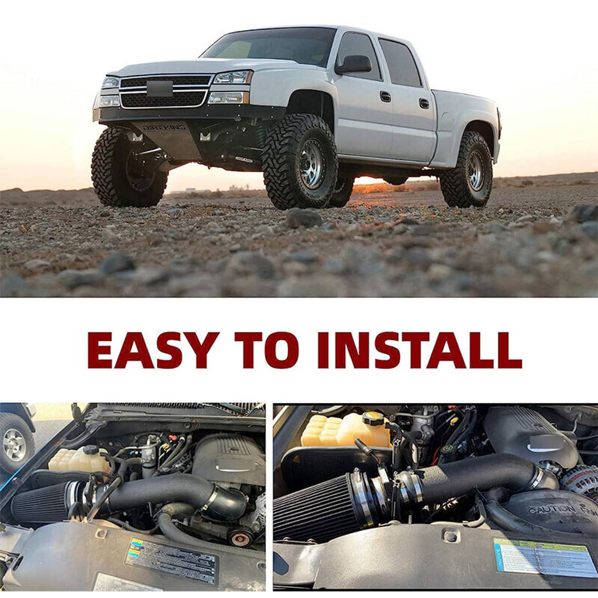 Truck exterior with installed cold air intake kit and engine bay showing air filter