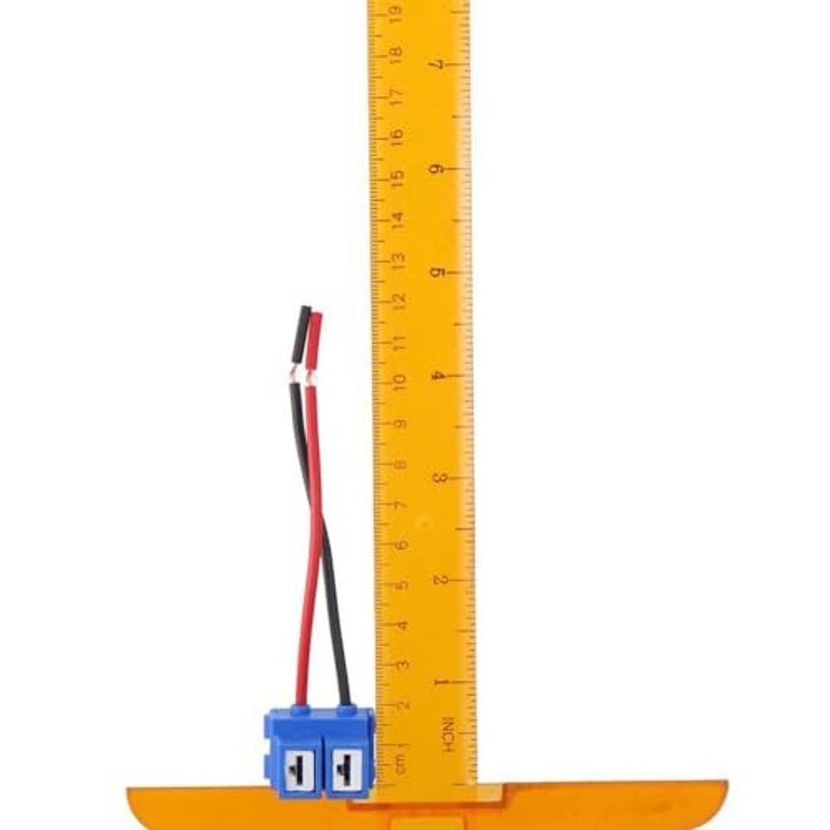 Ceramic bulb socket pigtail with red/black wires, length shown on measuring ruler