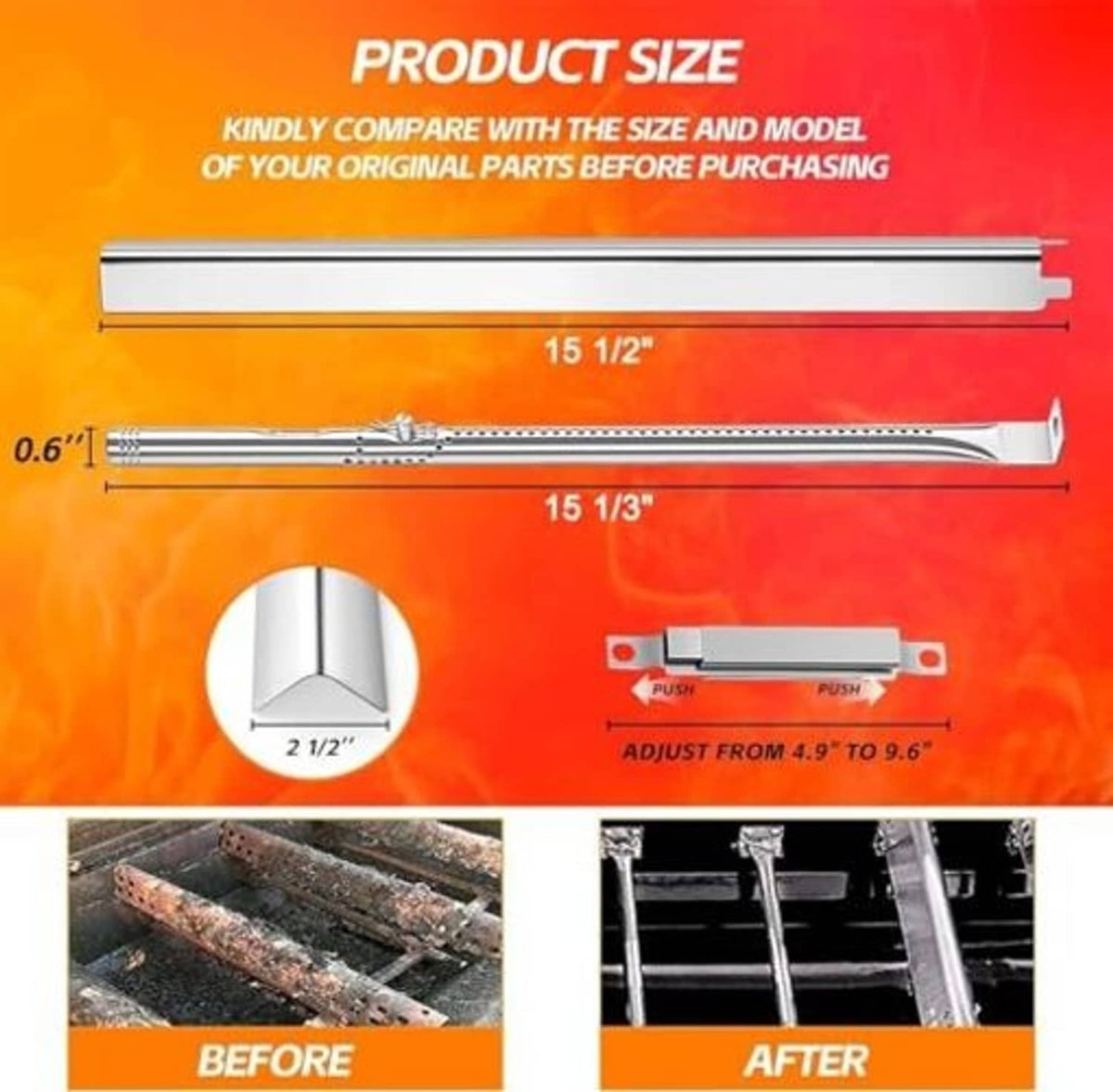 Stainless steel burner bar replacement with push-fit adjustment tab and end piece
