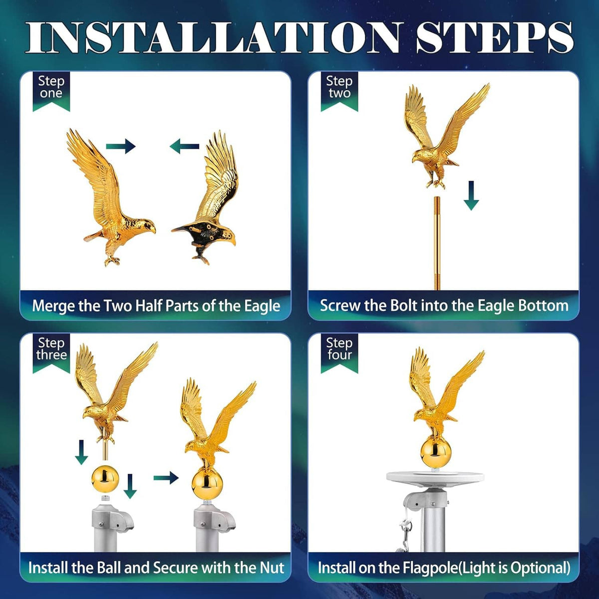 Golden eagle flagpole topper installation steps with eagle and finial parts