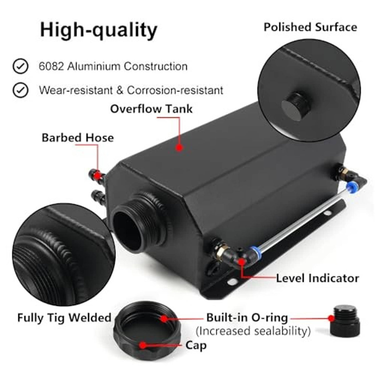 Black coolant overflow tank with built-in O-ring cap and level indicator fitting