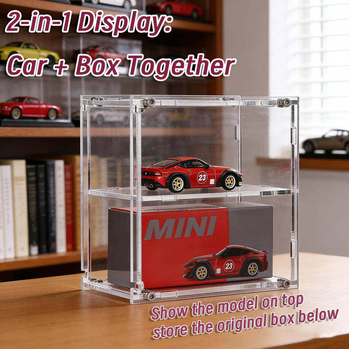 Clear acrylic display case with model car on upper tier and box below
