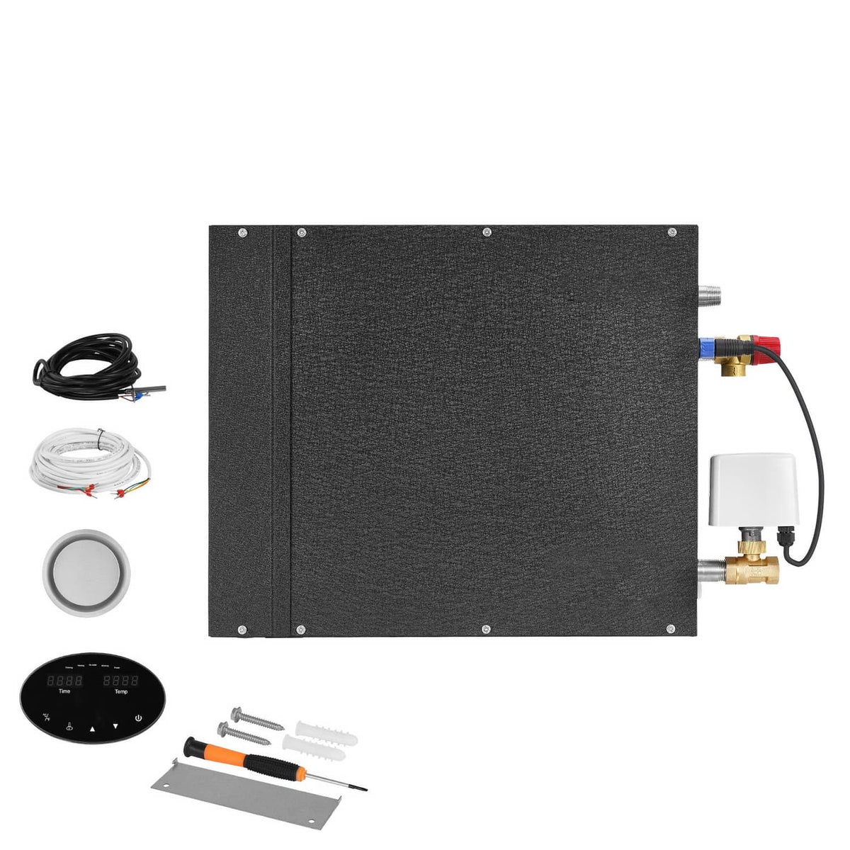 Steam generator controller kit, dark textured metal box with wiring and accessories