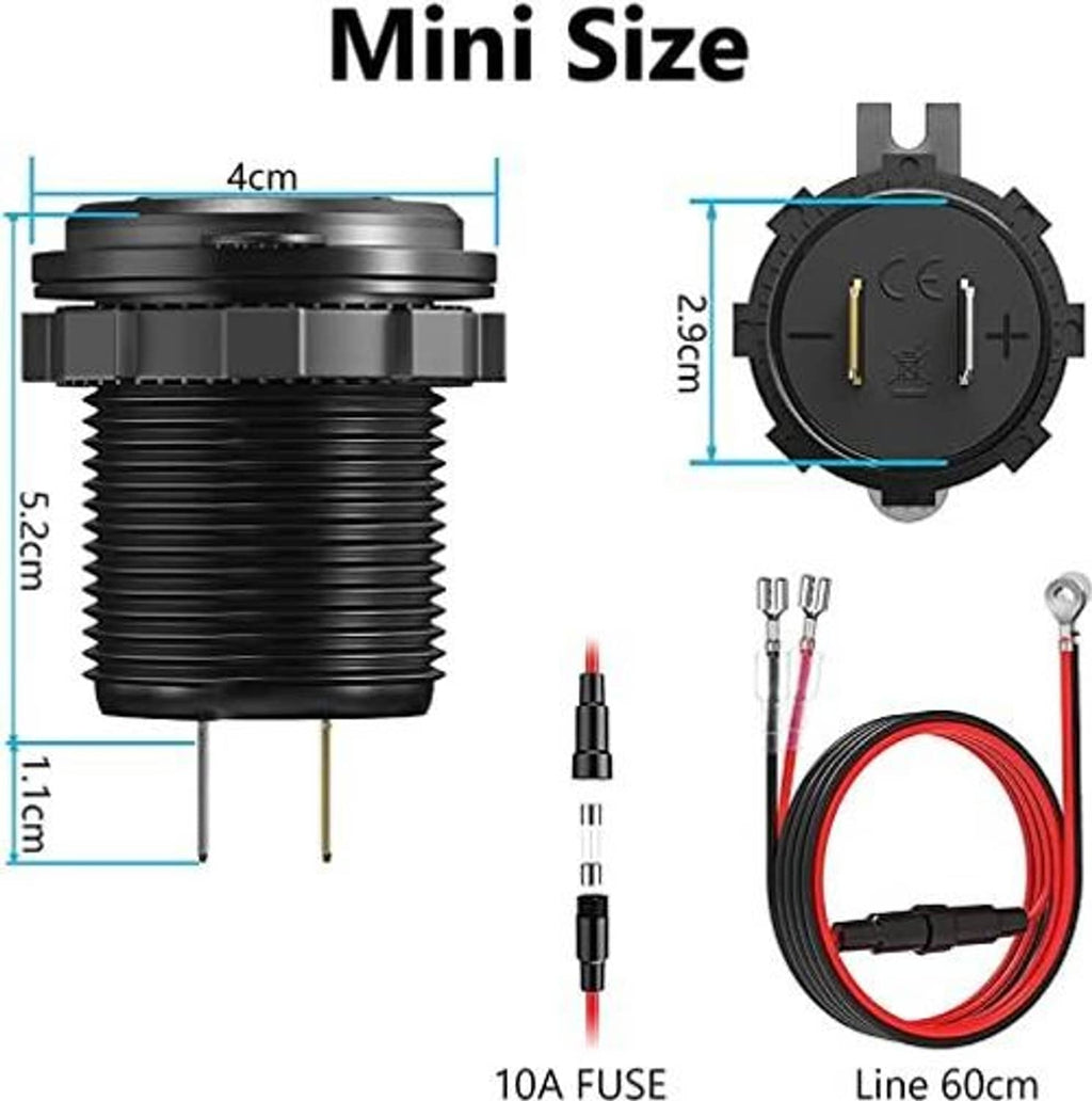 Mini dual USB QC 3.0 car charger dimensions view with cable and fuse