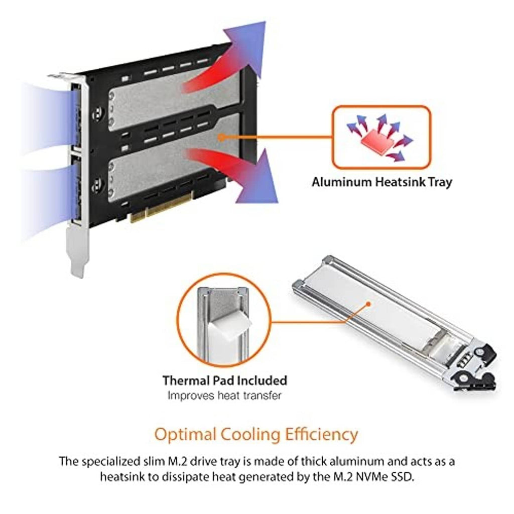 Dual M.2 NVMe adapter with aluminum heatsink tray and included thermal pad for cooling.