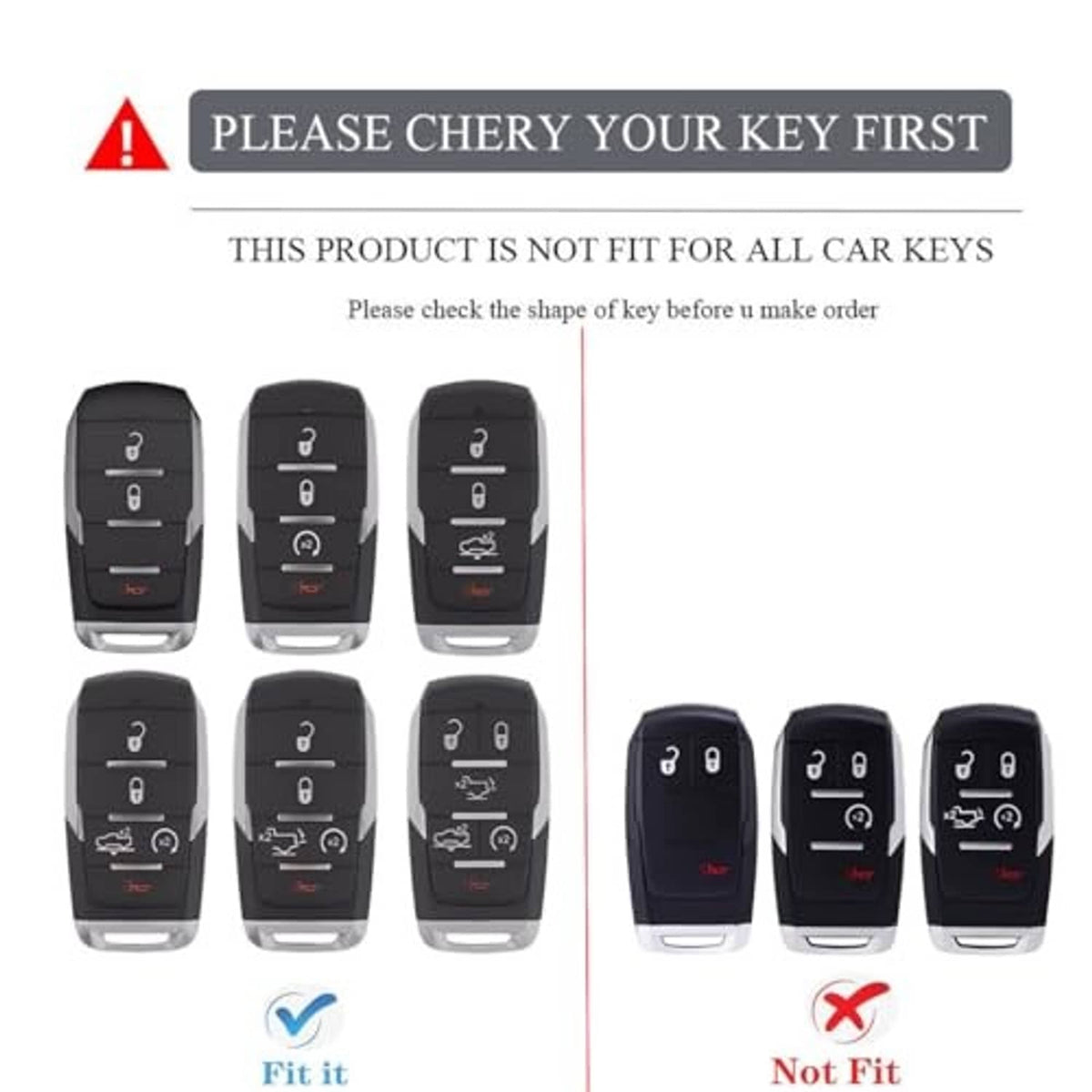 Black key fob cover set with key ring slot and remote button layout, multiple shapes