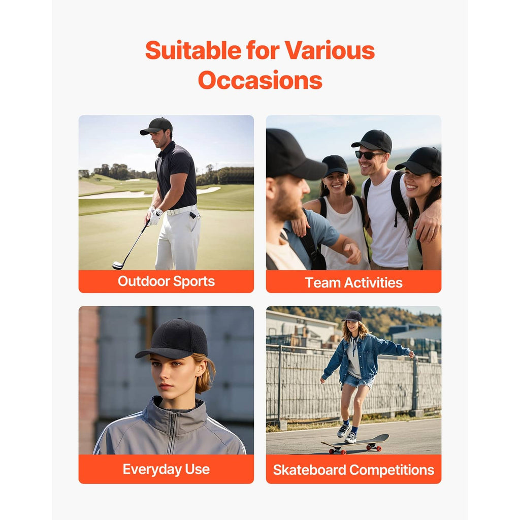 Black baseball cap shown on models, curved brim and perforated panels