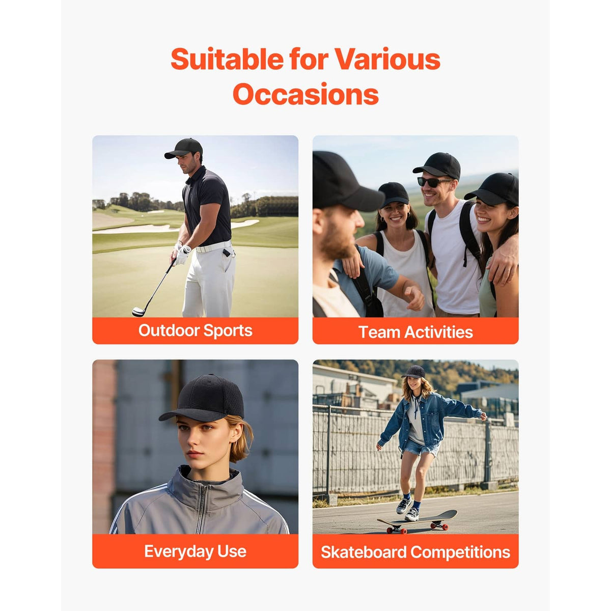 Black baseball cap shown on models, curved brim and perforated panels