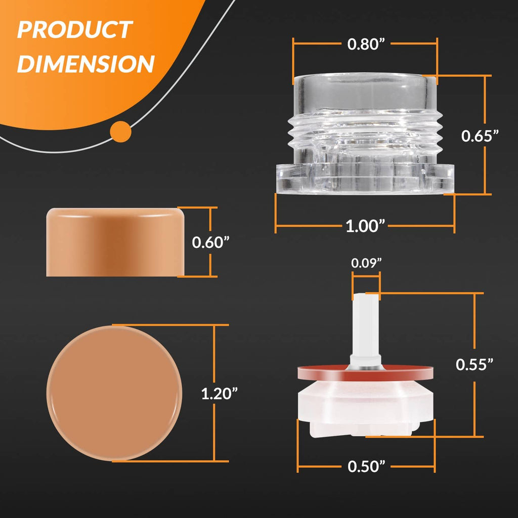 Vacuum breaker float kit with brown cap and clear float, with size diagram