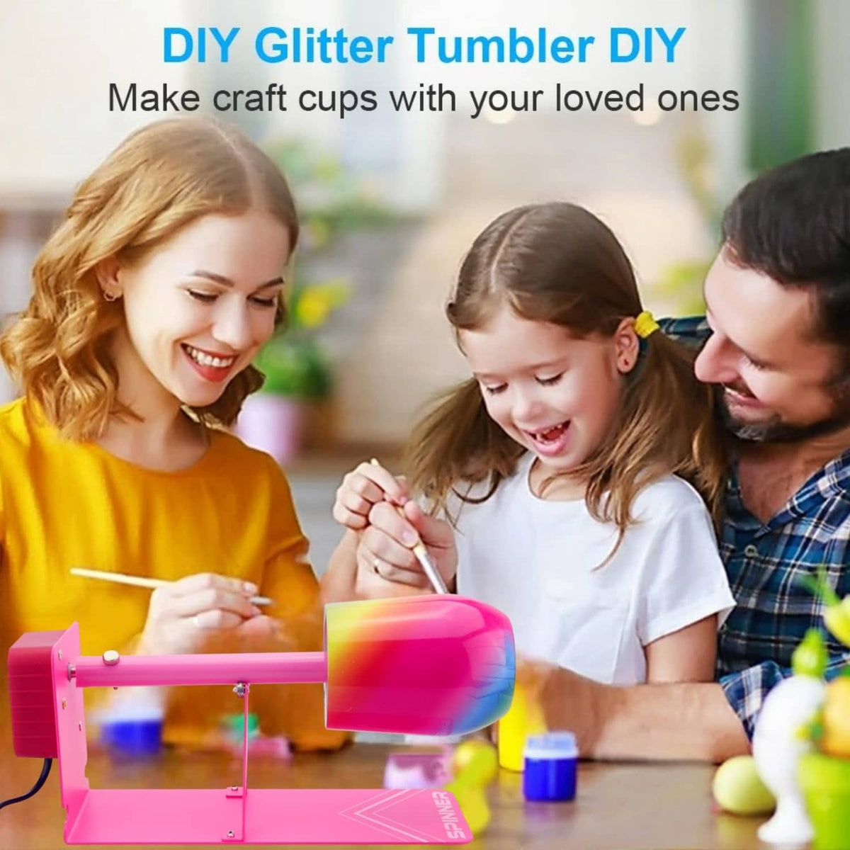 Pink cup tumbler spinner machine turning a glittered cup with foam molds for DIY crafts