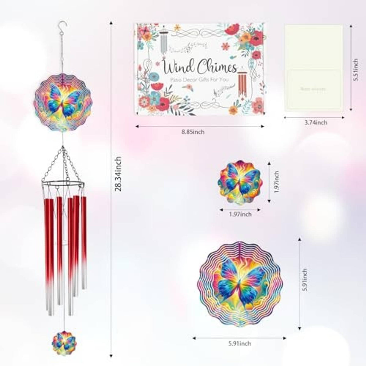 Butterfly wind chime with rainbow disc and red tubes, displayed with floral gift packaging