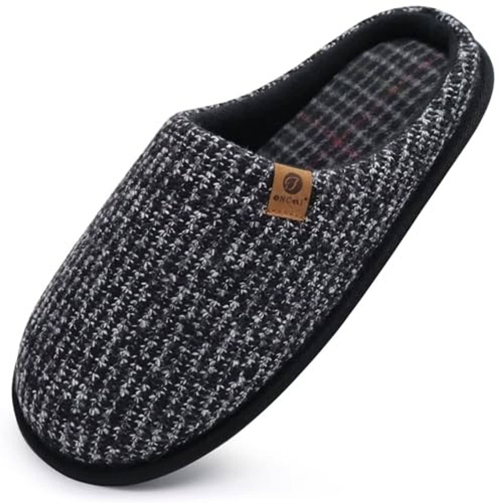 Men's memory foam scuff slipper, dark herringbone knit upper with black collar and stitched edge.