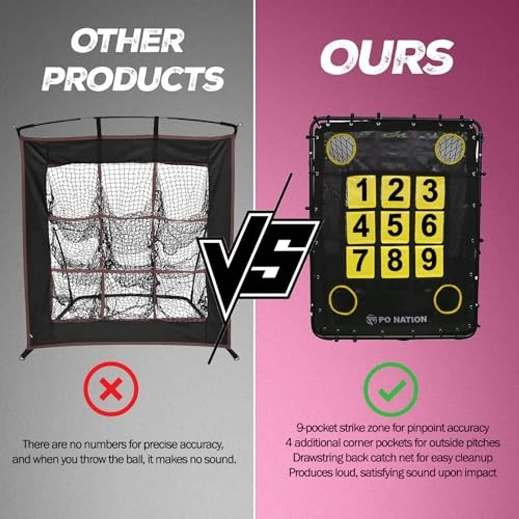 Baseball pitching net target with yellow 1–9 strike zone grid and corner pockets