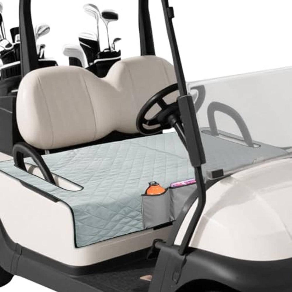 Gray quilted golf cart seat cover set on front bench with pocketed front panel