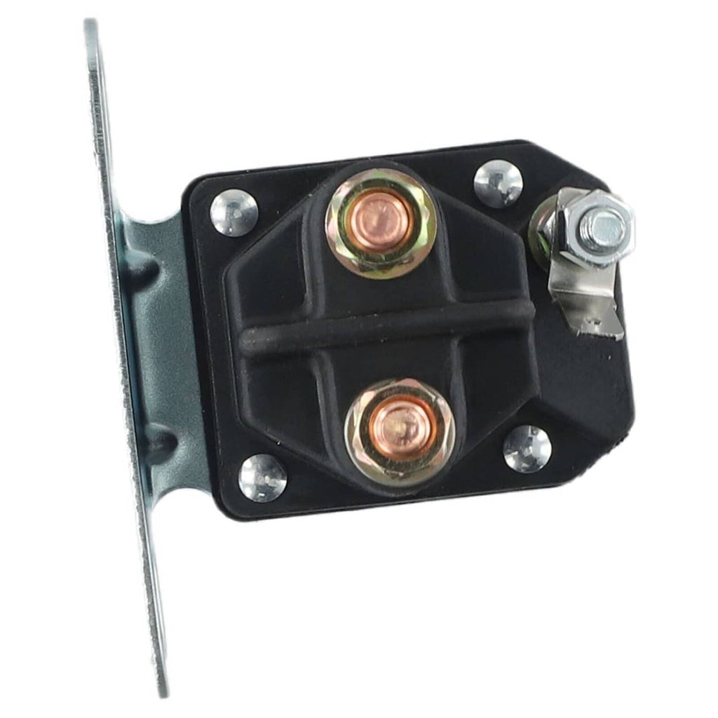 Lawn mower starter solenoid with black housing, copper terminals, and mounting bracket