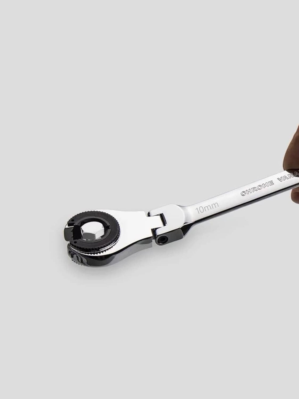 10mm metric flex-head ratcheting combination spanner wrench, ringed drive open end shown