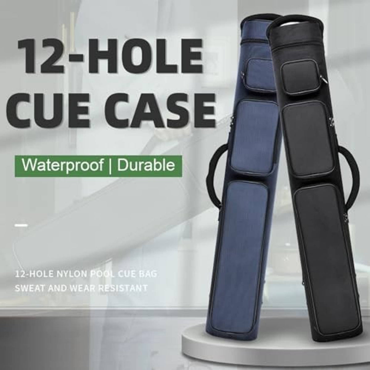Blue nylon pool cue case with black end caps, zip top, and reinforced carry straps