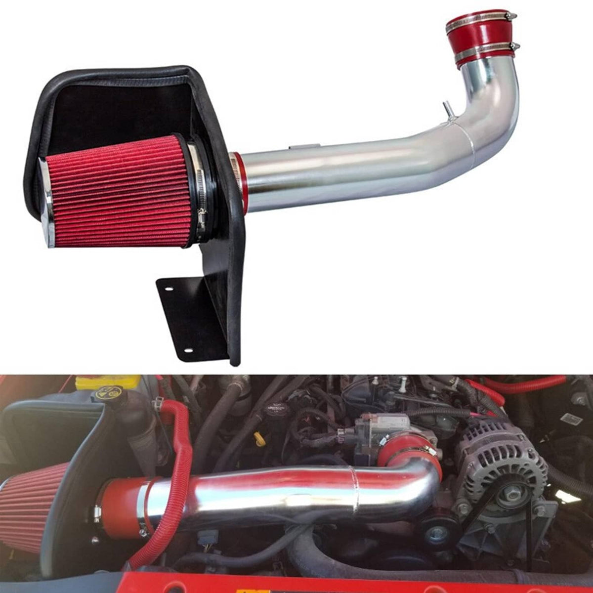 Cold air intake kit installed: red cone filter in black housing with silver intake pipe