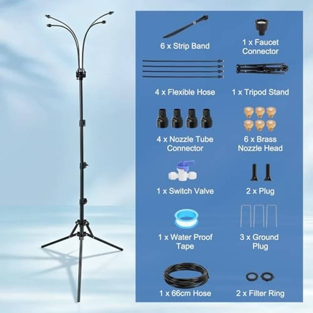 Outdoor standing misting sprinkler tripod kit with multi-nozzle spray head and hose