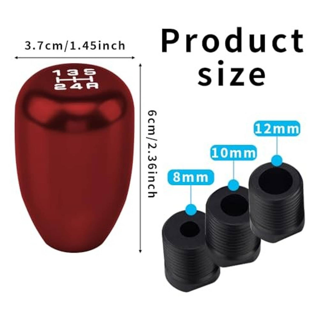 Red manual gear shift knob with dimensions shown; includes three black adapter sleeves