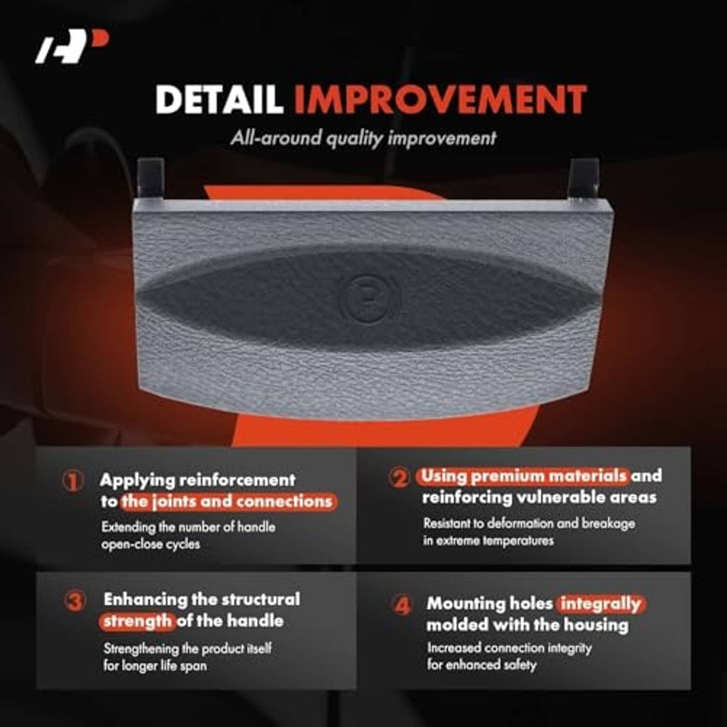 Gray textured parking brake release handle housing with molded P icon on front
