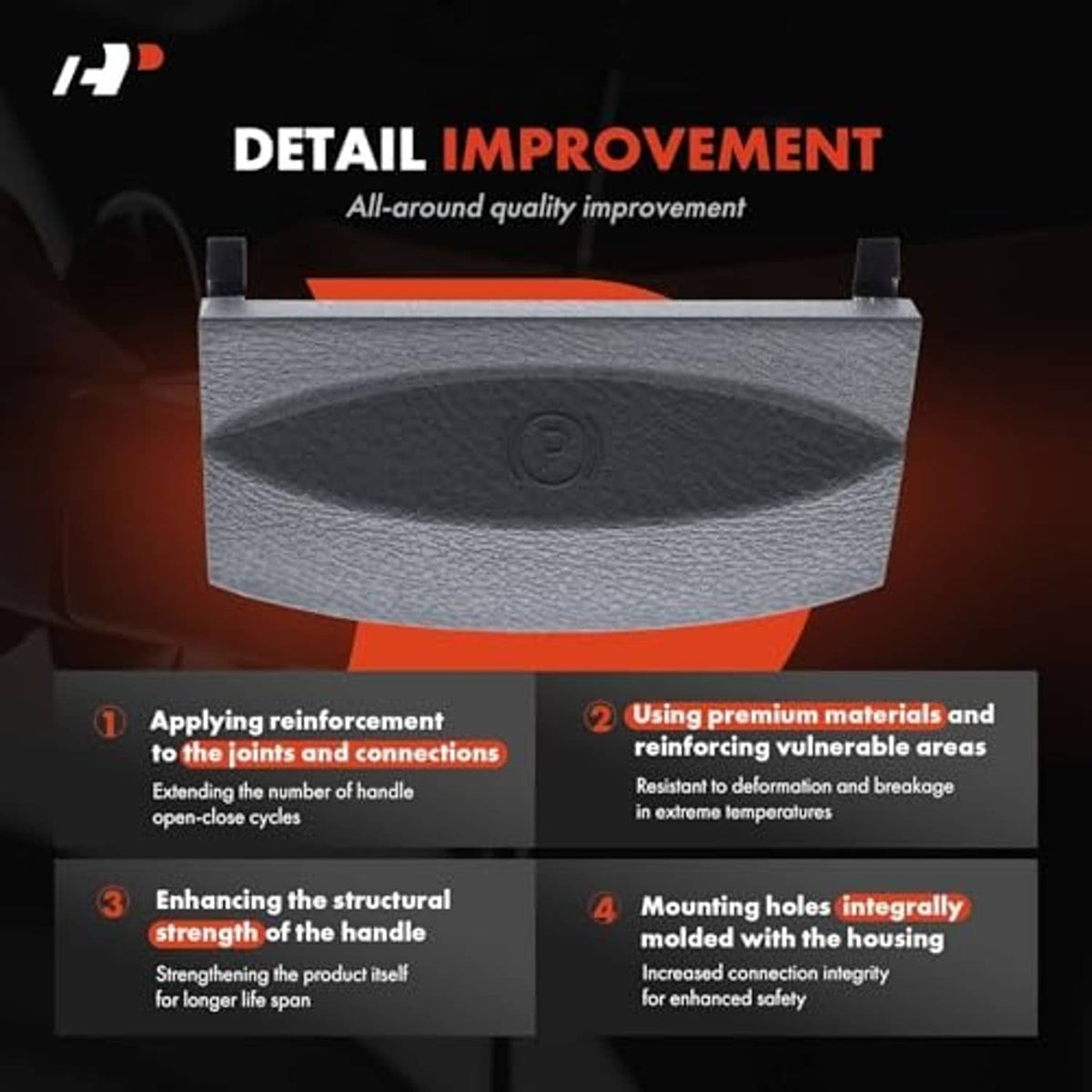 Gray textured parking brake release handle housing with molded P icon on front