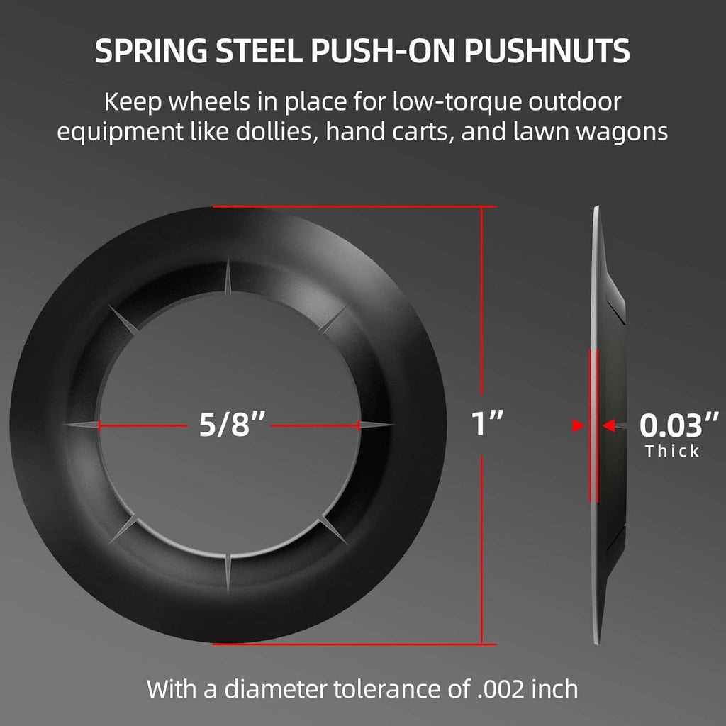 Black spring steel pushnut with measurements: 5/8 in diameter and 0.03 in thick