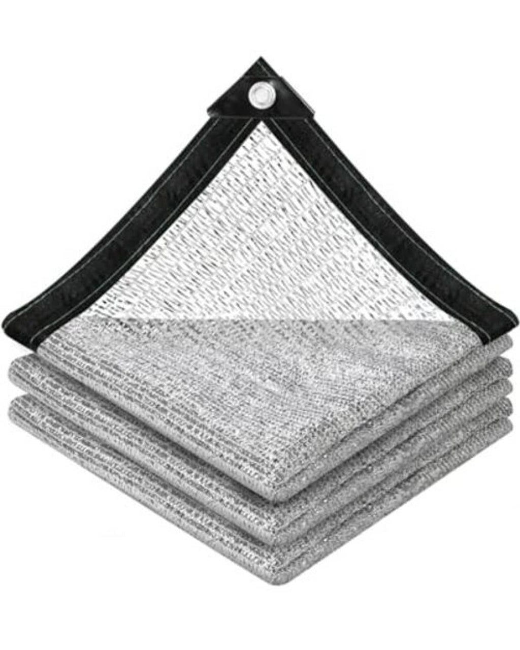 Reflective shade cloth stack, silver mesh panels with black border and top corner grommet