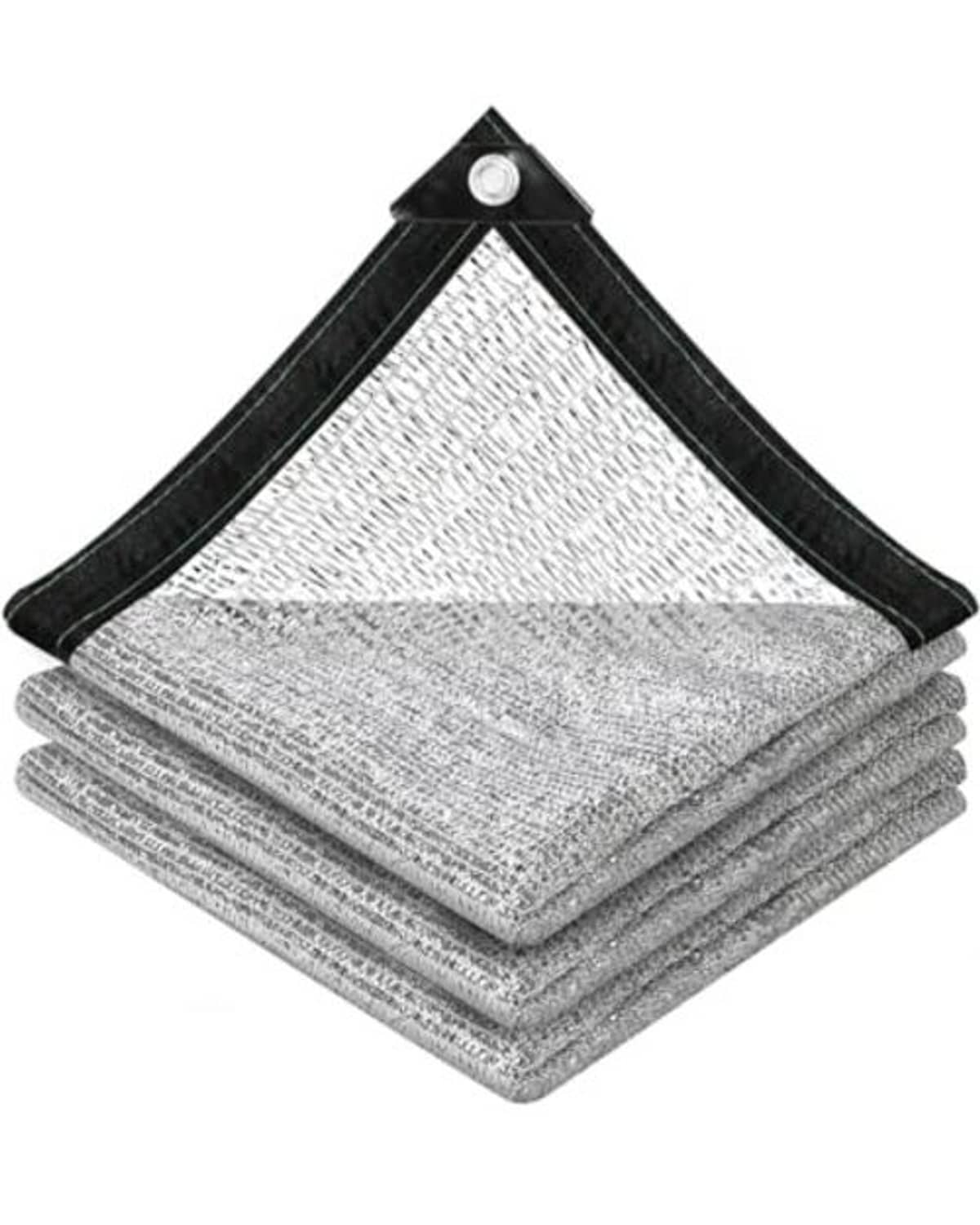 Reflective shade cloth stack, silver mesh panels with black border and top corner grommet