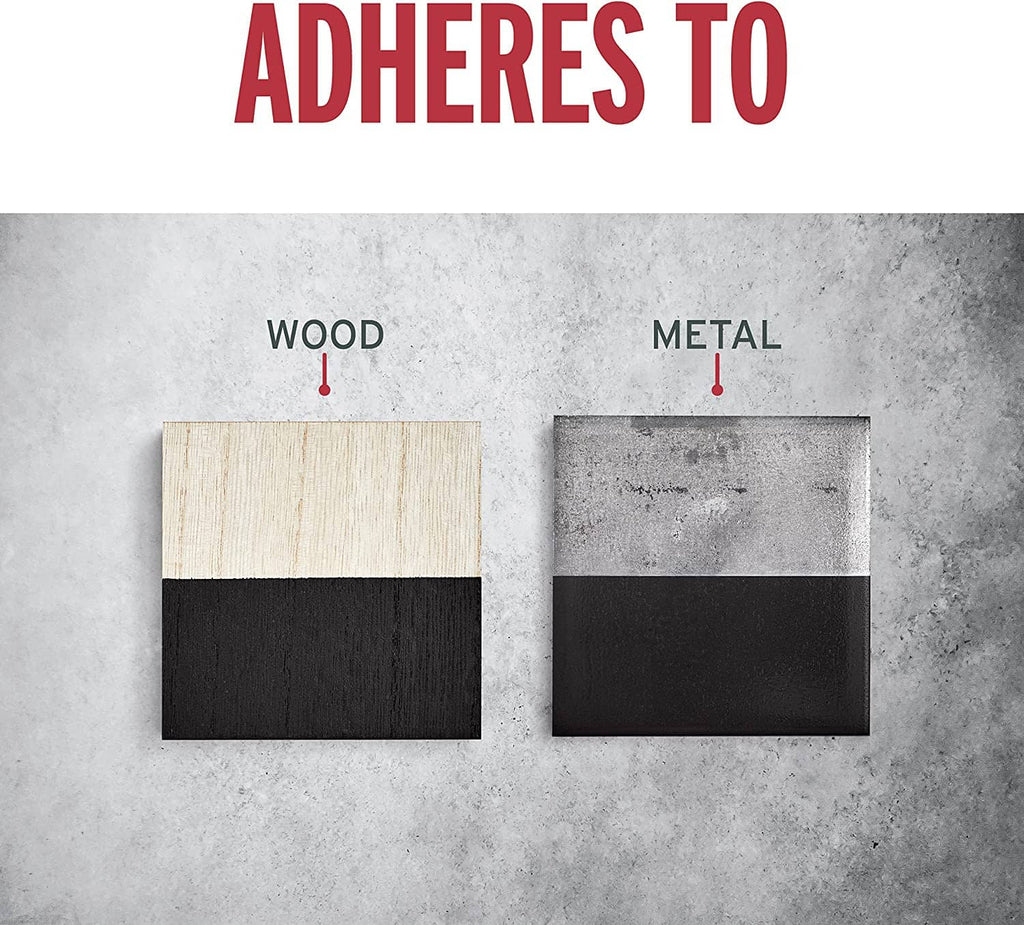 Paint adhesion guide swatches for wood and metal, showing dark black finish