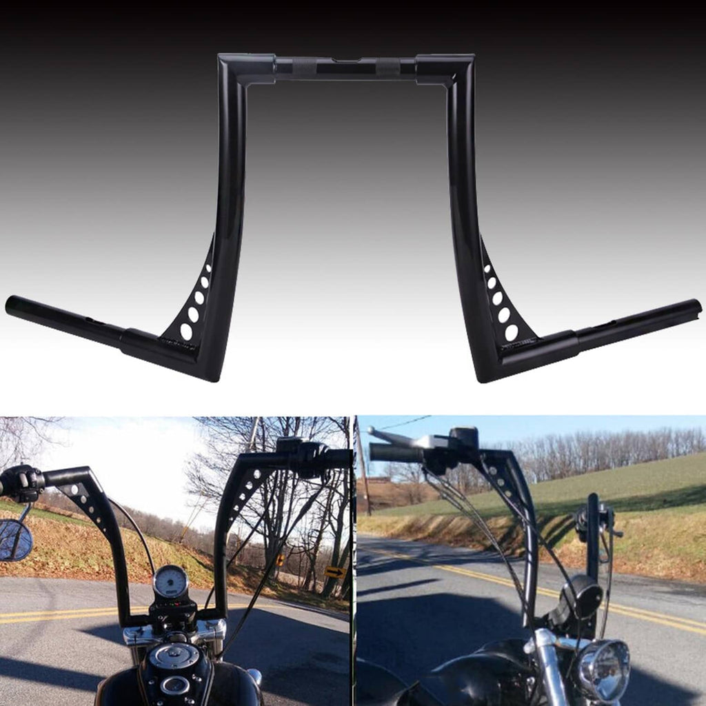 Black ape hanger handlebars with perforated riser plates and wide horizontal grips