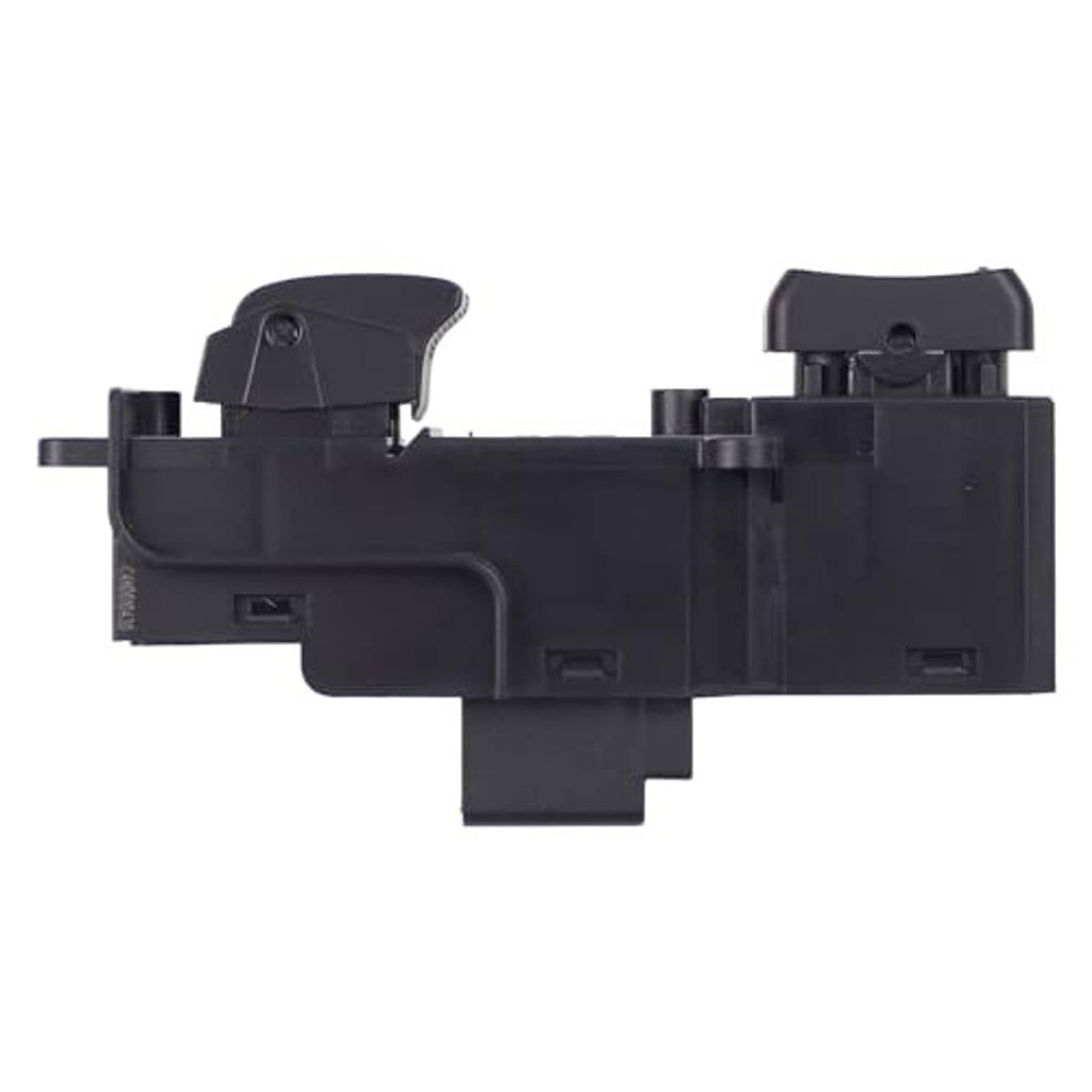 Power window switch angled side view with tab mounting points, black plastic