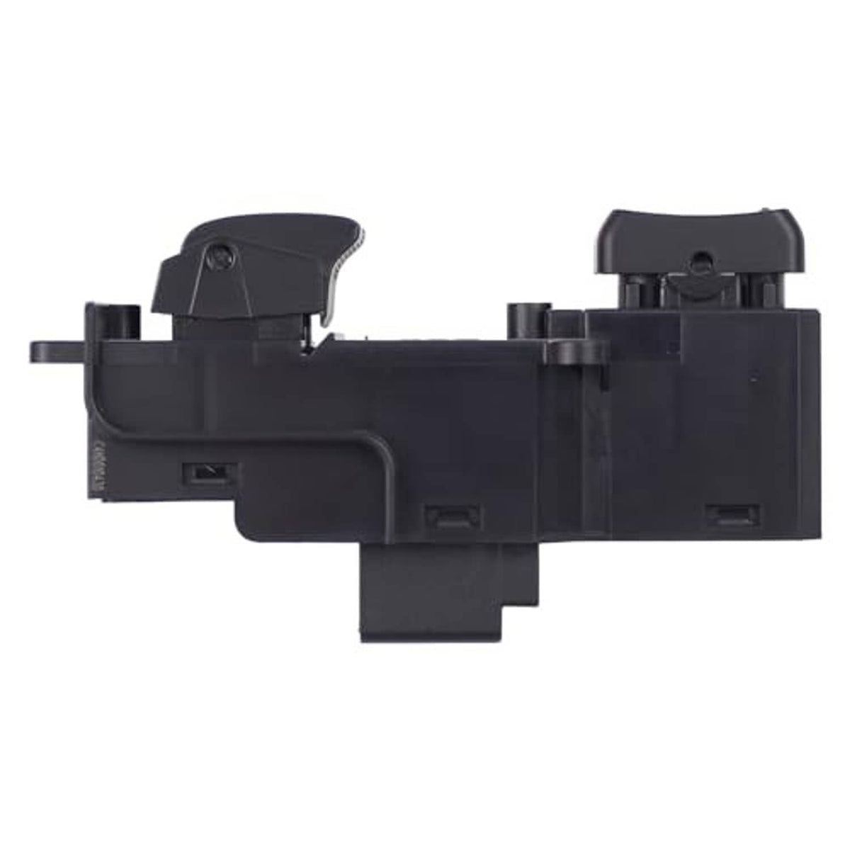Power window switch angled side view with tab mounting points, black plastic