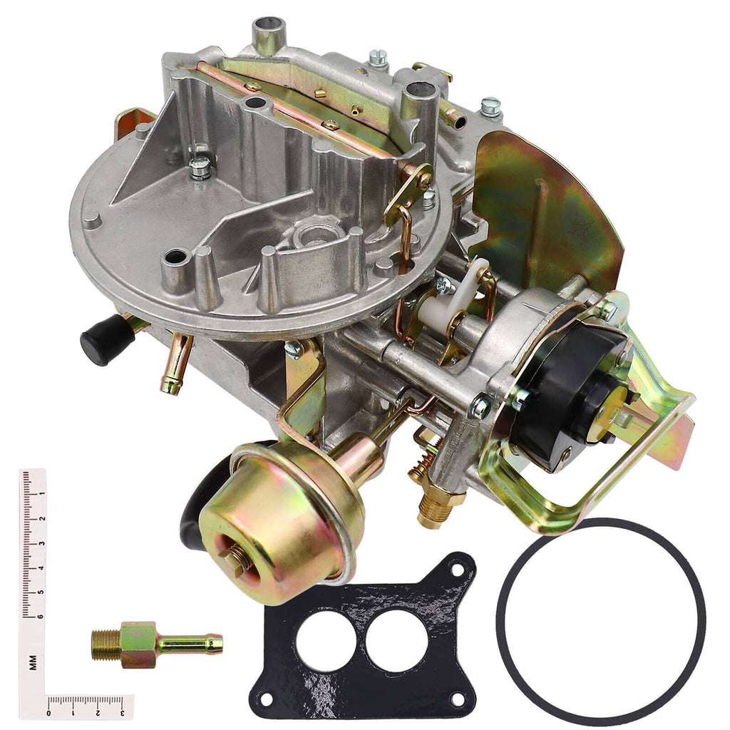 Two-barrel carburetor with side intake housing, vacuum ports, and mounting gasket