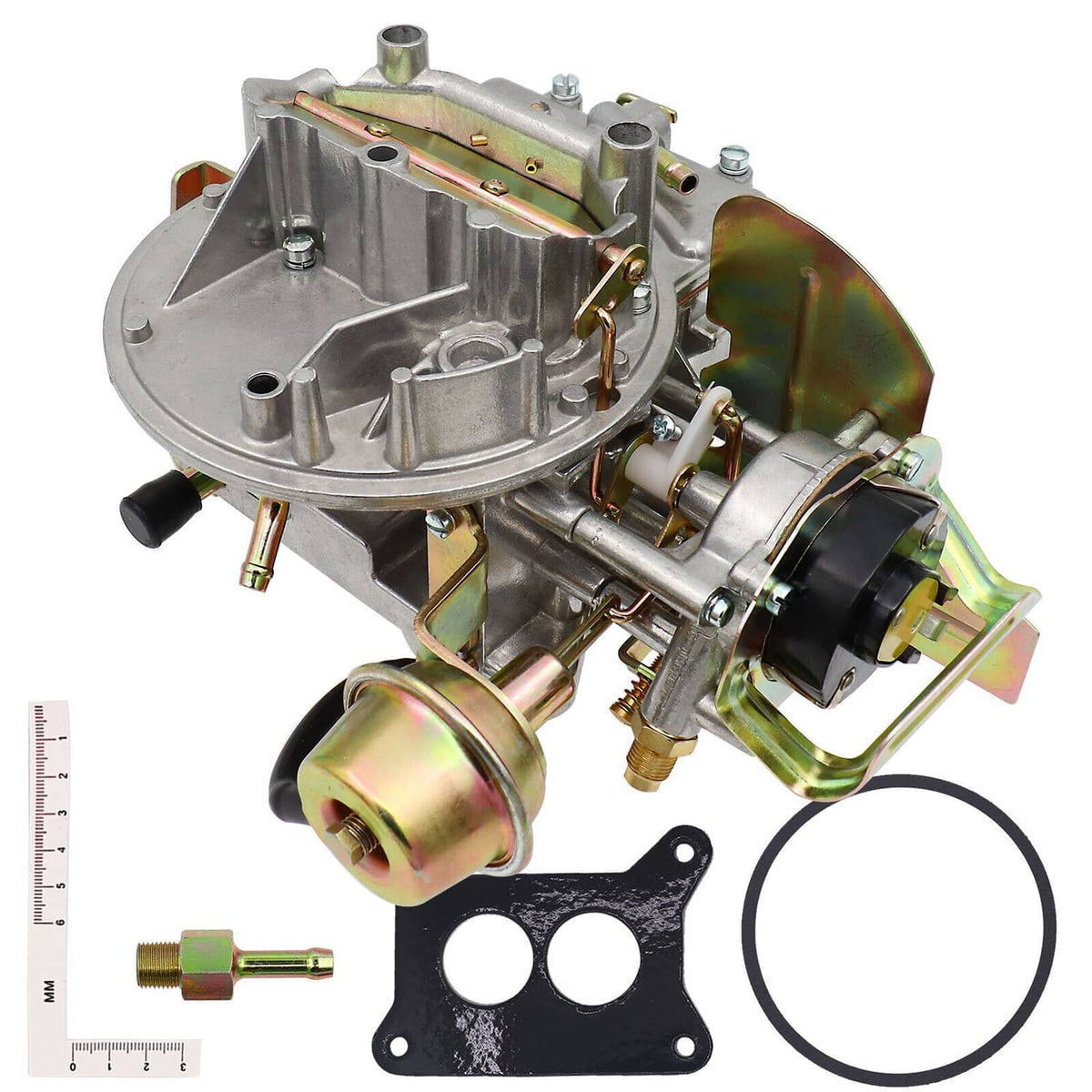 Two-barrel carburetor with side intake housing, vacuum ports, and mounting gasket