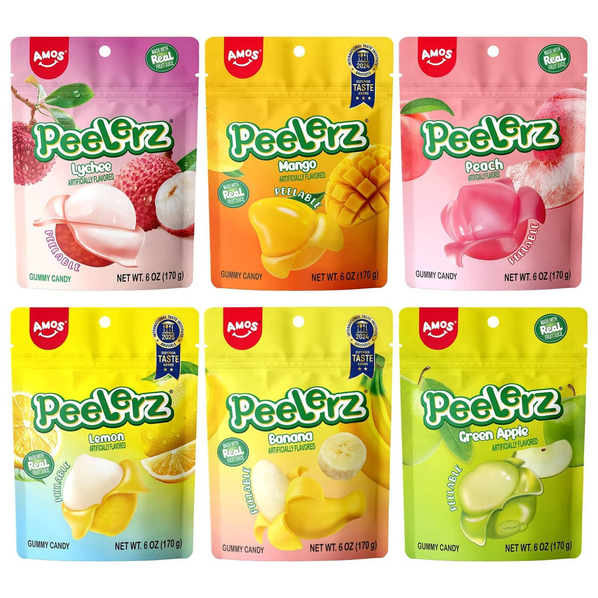 AMOS Peelerz gummy candy variety pack bags: lychee, mango, peach flavors