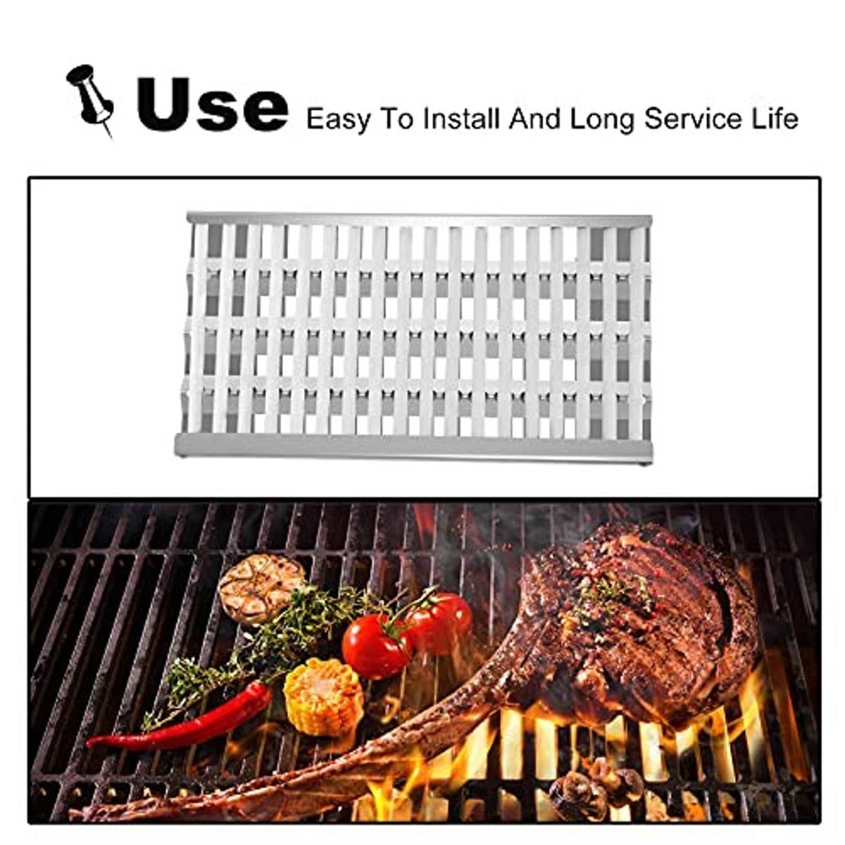 Stainless steel grill heat shield grate installed over barbecue flame grill