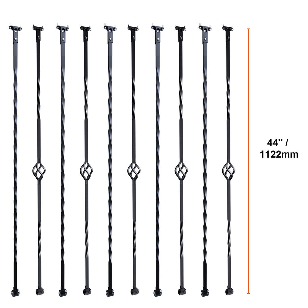 10 black deck spindles with decorative basket rings and twisted vertical rods
