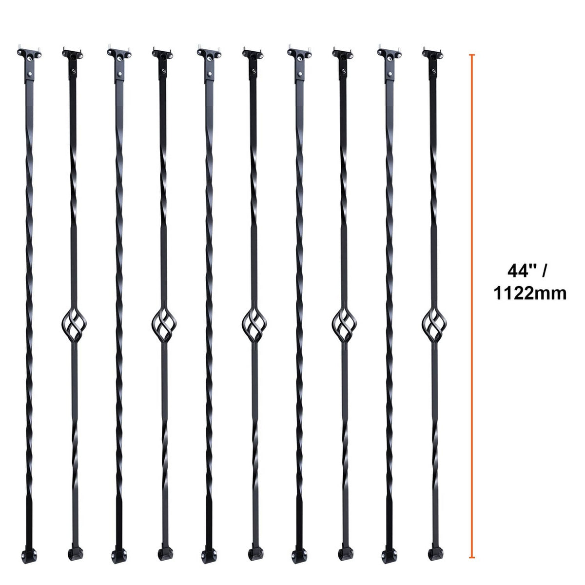 10 black deck spindles with decorative basket rings and twisted vertical rods