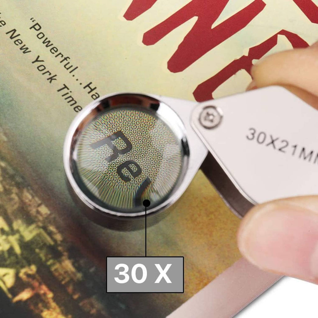 30X foldable jewelers loupe magnifier with glass lens and metal body