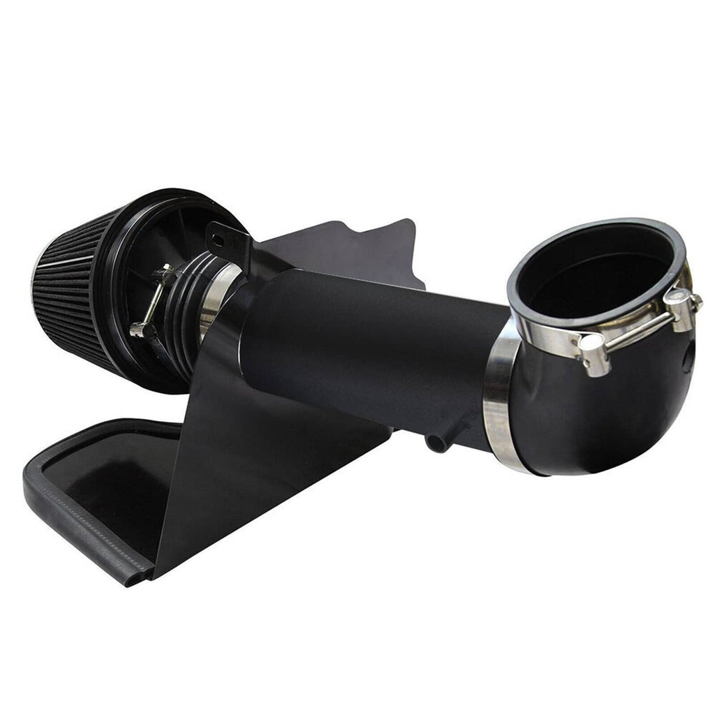 Cold air intake kit with heat shield: black intake tube with cone filter and clamp collar