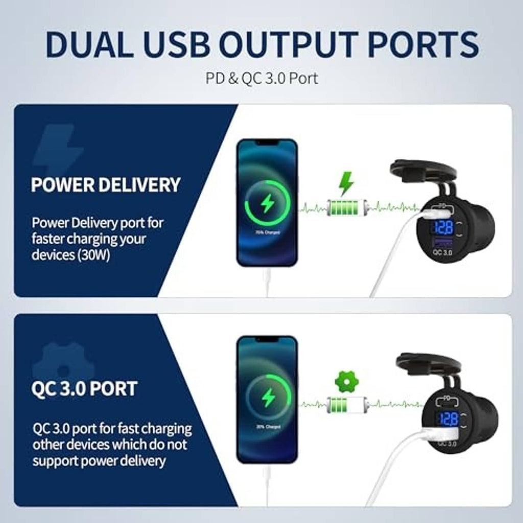 Black dual USB car charger with PD and QC 3.0 output ports and voltmeter display