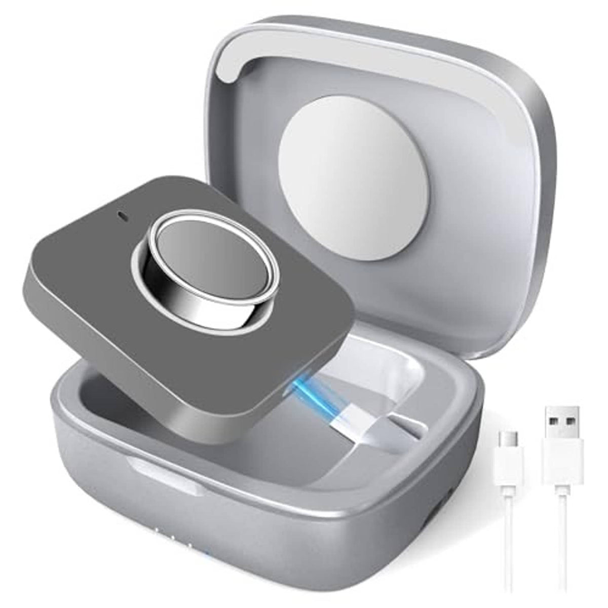 Silver charging case with lid open showing ring dock and illuminated charging slot
