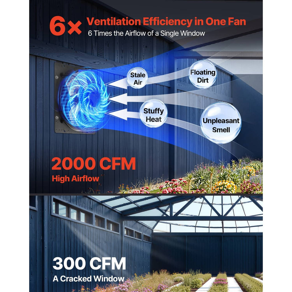 Wall-mounted shutter exhaust fan with airflow diagram and blue swirling air illustration