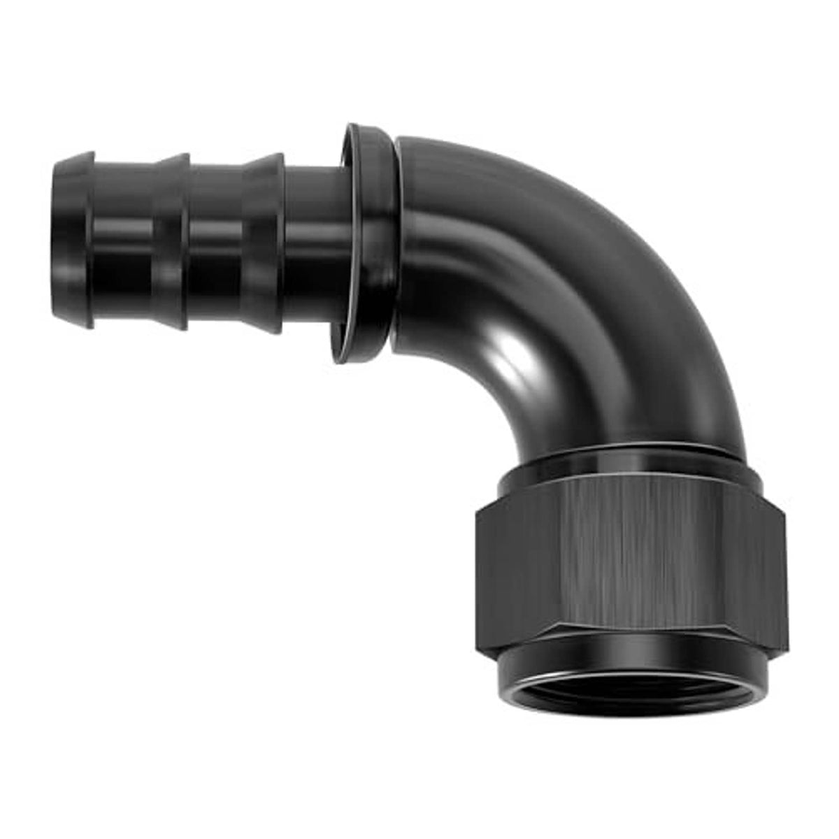 Black 90-degree AN hose end fitting with threaded outlet and coupler