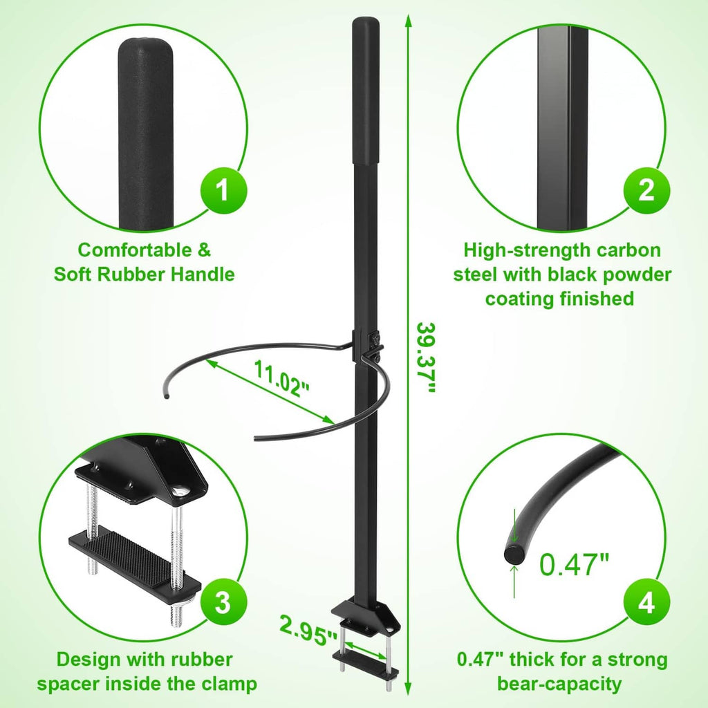 Black handle bracket with clamp spacer and rubber-lined interior shown with measurements